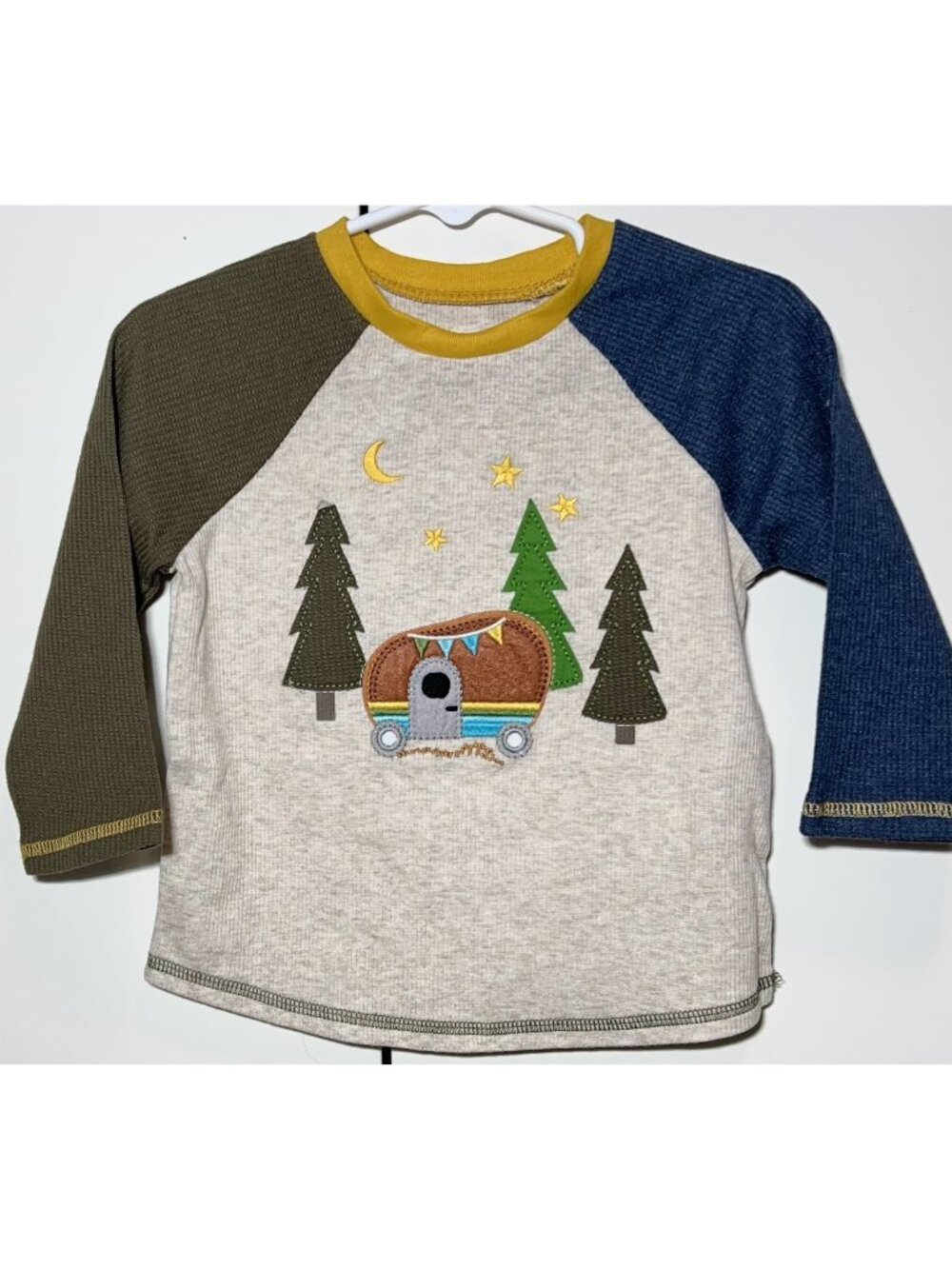 Mud Pie 12 18m NWT Happy Camper camping waffle weave embroidery applique shirt